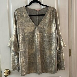 Gibson & Latimer Womens V-Neck Ruffle Long Sleeve Top Blouse Shiny Gold Size L